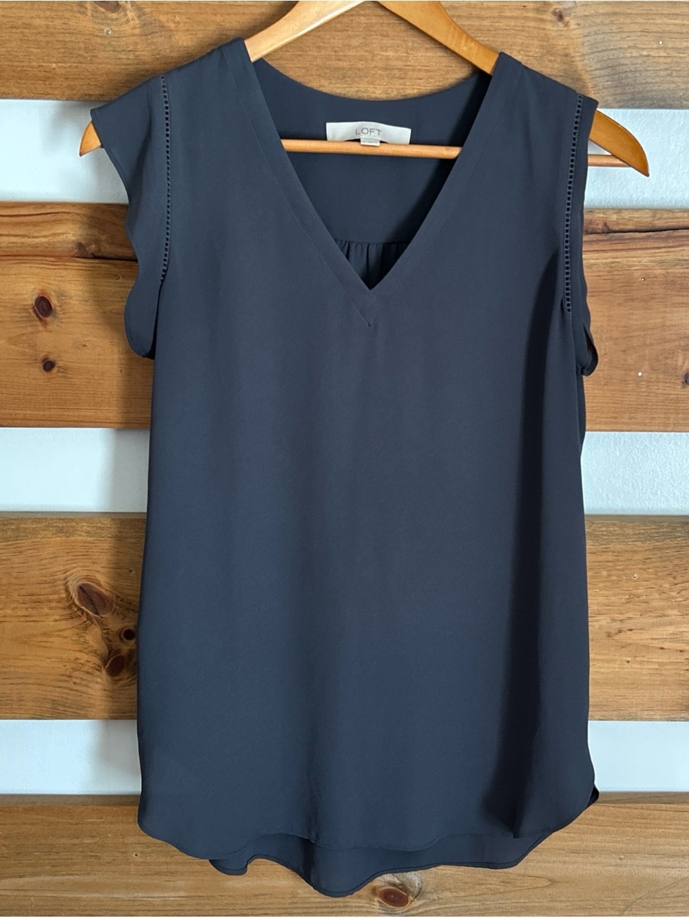 LOFT Smoke Gray Geometric Crochet Ladder Lace Neckline Sleeveless Blouse Size S